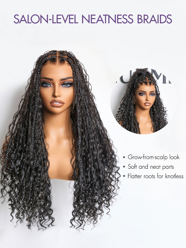OwnScalp™ Light Weight Flexi-Fit Invisi Drawstring Cap Full Lace Knotless Boho Curls Braided Long Wig Super Natural Scalp Pre-Cut Lace