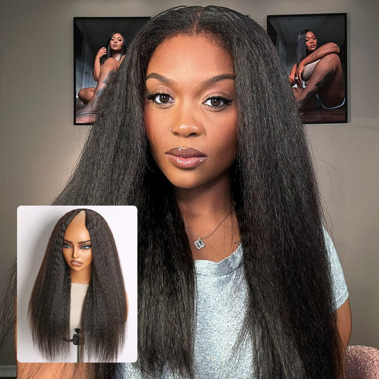 True Scalp Kinky Straight V Part Glueless Human Hair Wig Flexi-Fit Drawstring
