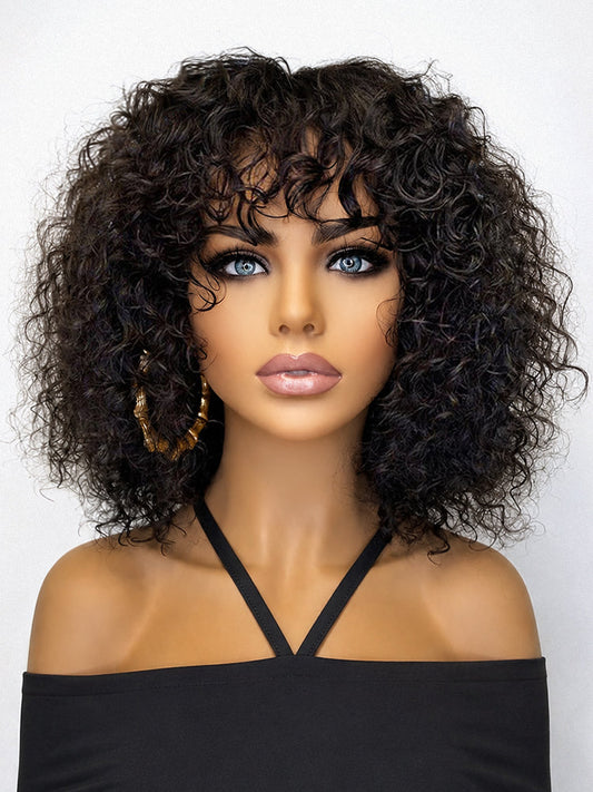 Beginner Friendly Water Wave Minimalist Lace Glueless Short Curly Wig with Bangs
