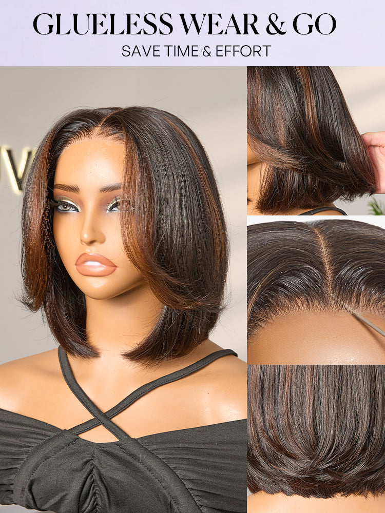 Brown Highlight Silky Short Bob Wig Layered Cut Human Hair Glueless 5x5 Closure Pre-Cut Lace Wig