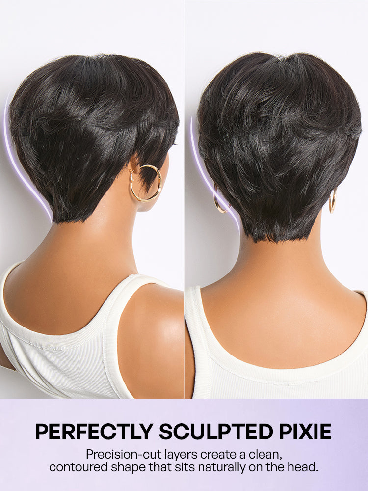 Throw On & Go Natural Black Pixie Cut with Bangs Glueless Minimalist Lace Wig