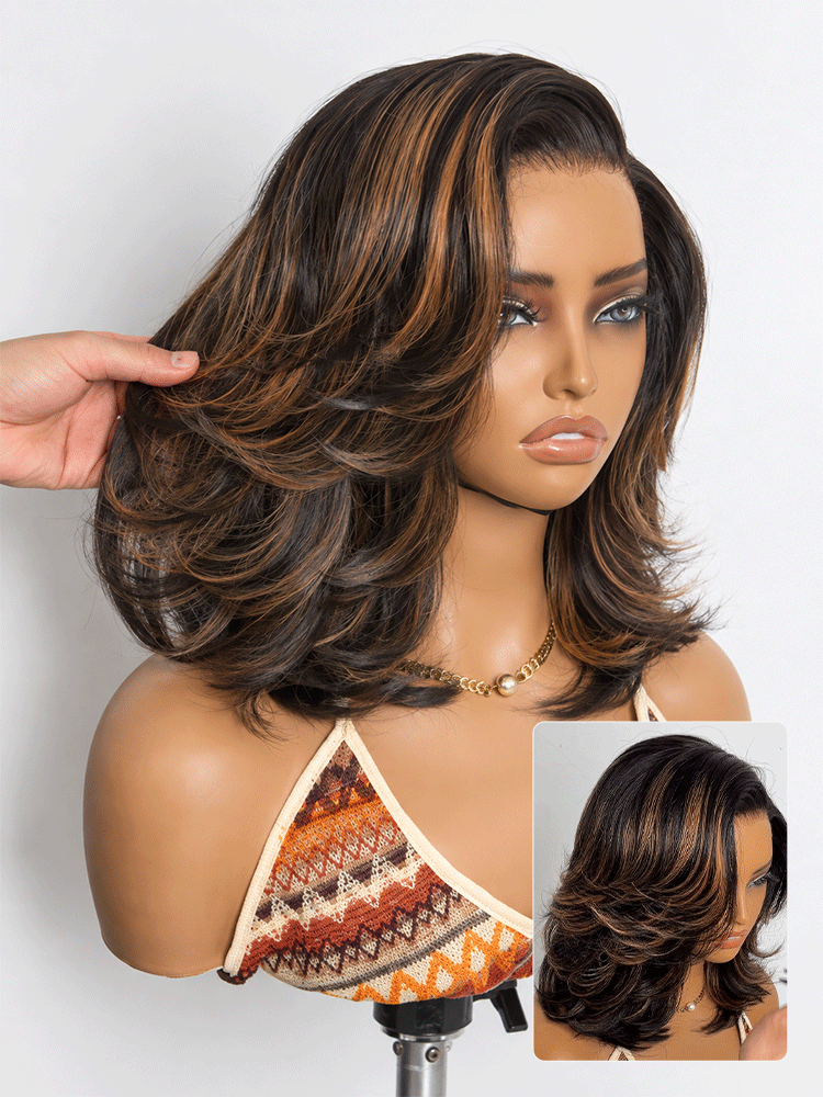 Brown Highlight Layered Wavy Butterfly Haircut Glueless Minimalist HD Lace Wig Pre-Cut Lace