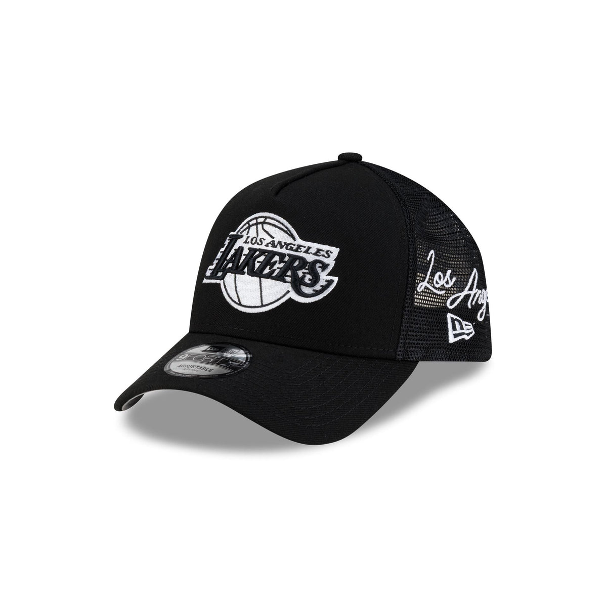 Los Angeles Lakers Side Script Black 9FORTY A-Frame Trucker Hat