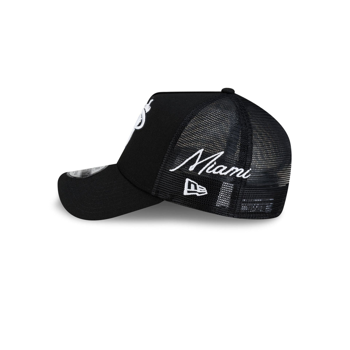 Miami Heat Side Script Black 9FORTY A-Frame Trucker Hat