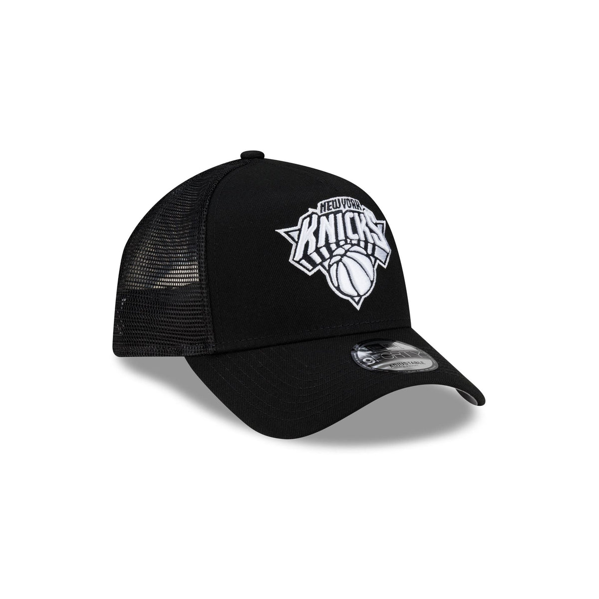 New York Knicks Side Script Black 9FORTY A-Frame Trucker Hat