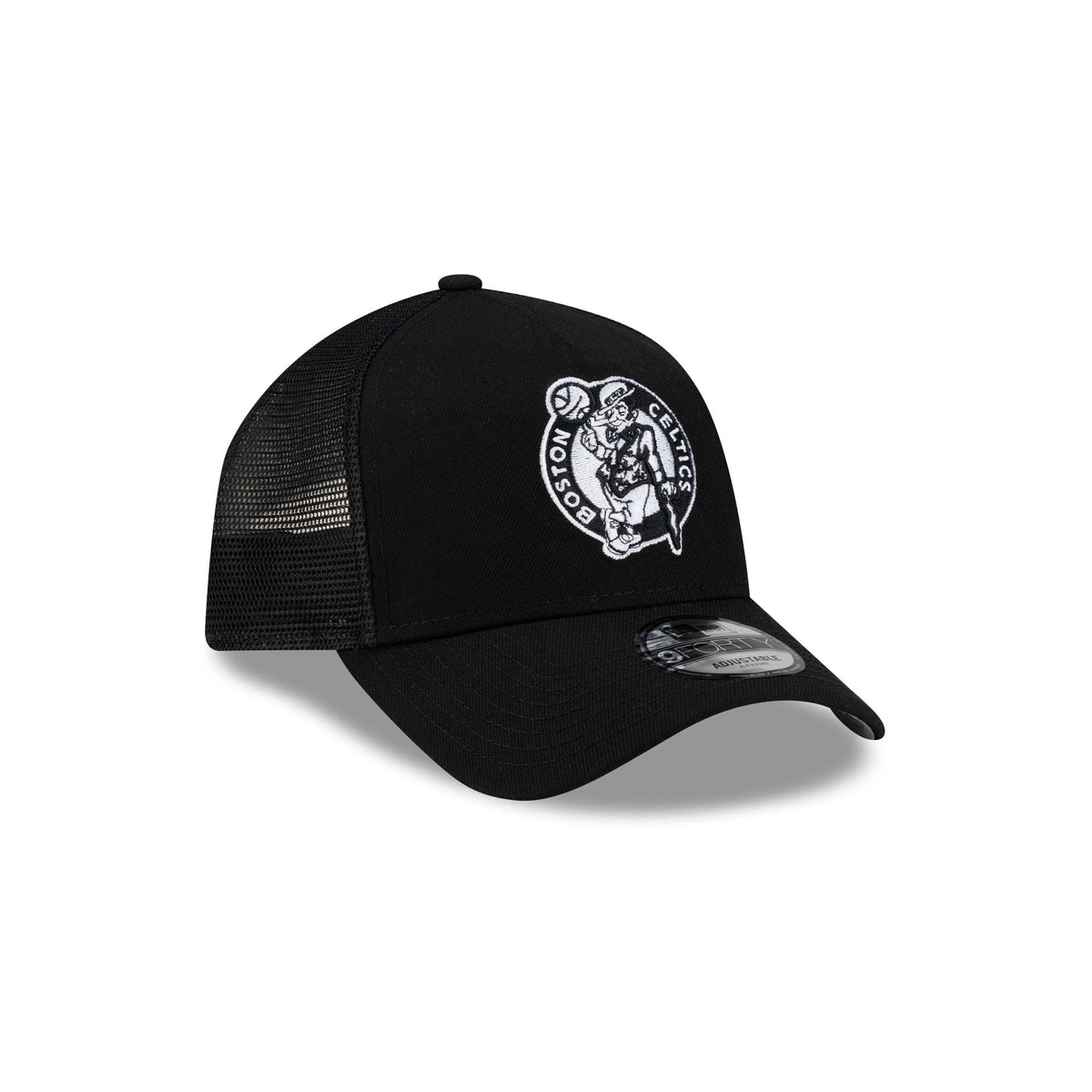 Boston Celtics Side Script Black 9FORTY A-Frame Trucker Hat