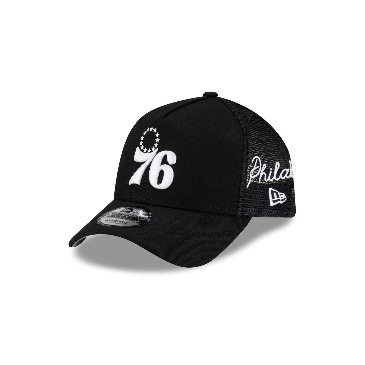 Philadelphia 76ers Side Script Black 9FORTY A-Frame Trucker Hat