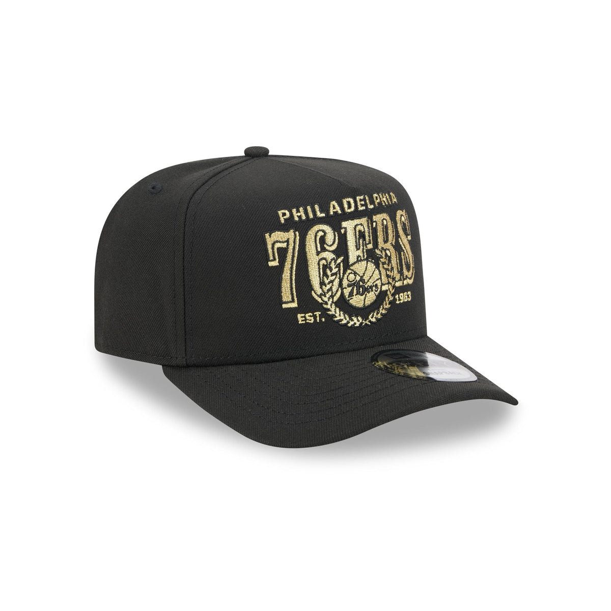 Philadelphia 76ers Gold Laurel Black 9FIFTY A-Frame Snapback Hat